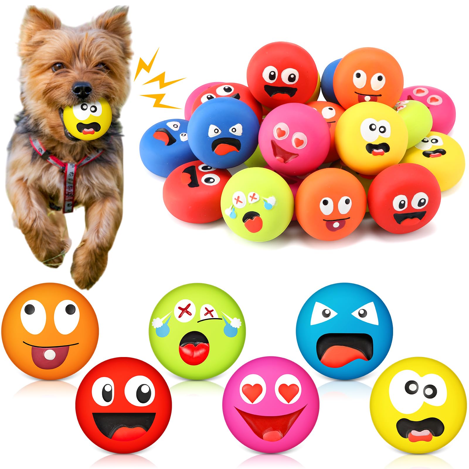Hungdao Quietschendes Hundespielzeug mit lustigem Gesicht, weiches Latex, Gummi, Hundespielzeug, Spielzeug für kleine Rassen, interaktiv, 24 Stück