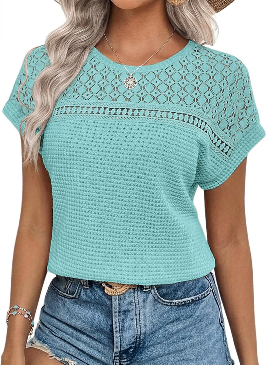 Chicrise Women's Turquoise Blouse Elegant Short Sleeve Lace Tops Crochet Crew Neck T-Shirt Summer, Xxl
