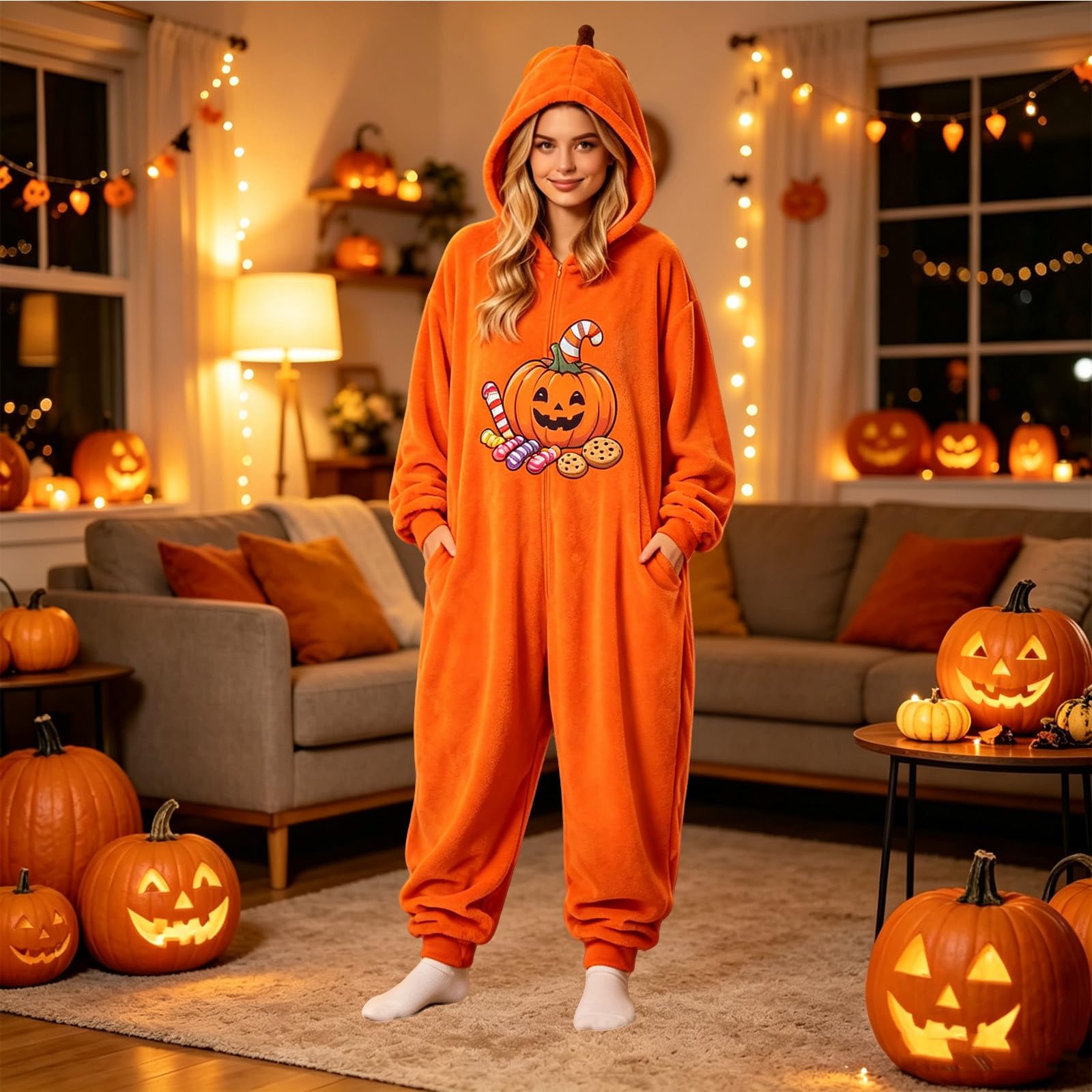 Tuta Halloween Donna Pigiama Zucca Intero con Stampa Dolce Stampa Dolce Halloween, Pigiama Zucca Morbido, Tuta Donna Confortevole per Relax, Party e Uso Quotidiano