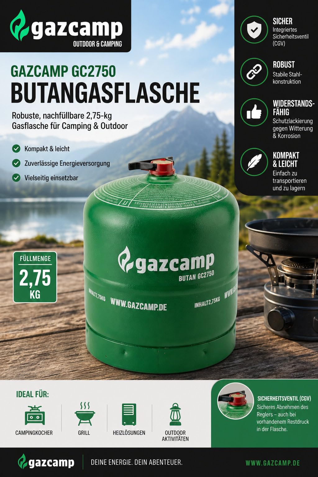 Gazcamp GC2750 Butangasflasche gefüllt, 2,75 kg, Stahl, nachfüllbar, Sicherheitsventil CGV, für Camping & Outdoor