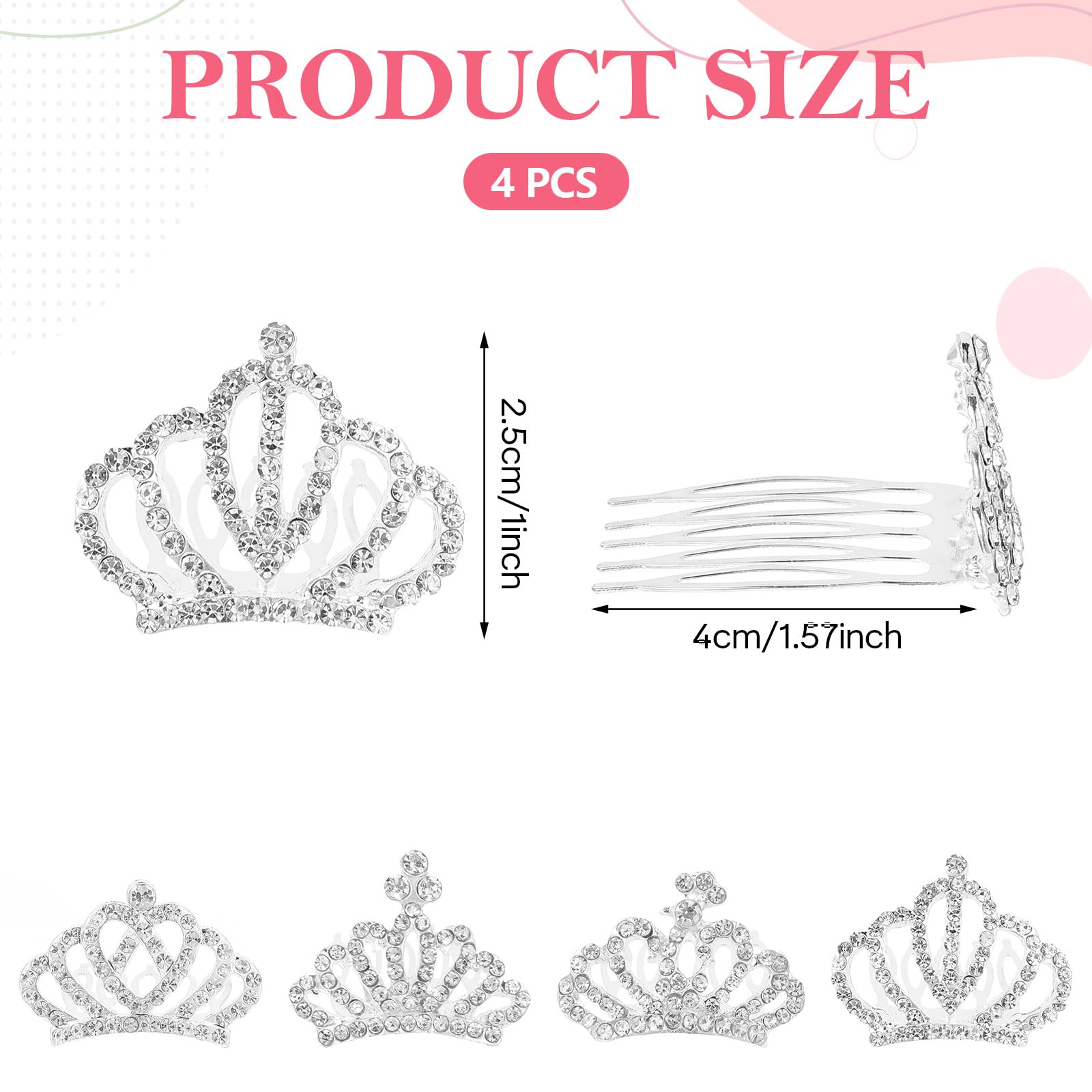 4 Pcs Mini Tiara Crown Hair Clips, Medium Hair Clips Combs for Little Girls Cute Tiaras Small Rhinestone Tiara Clip - Image 4