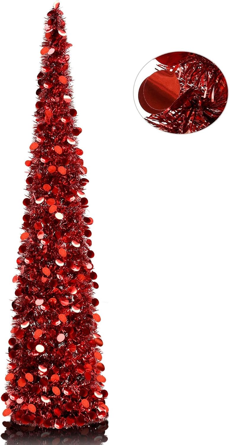 YYZKYTO 5'Red Tinsel Pop-Up Artificial,Collapsible Pencil Features Sequins Accents for Commemoration Day