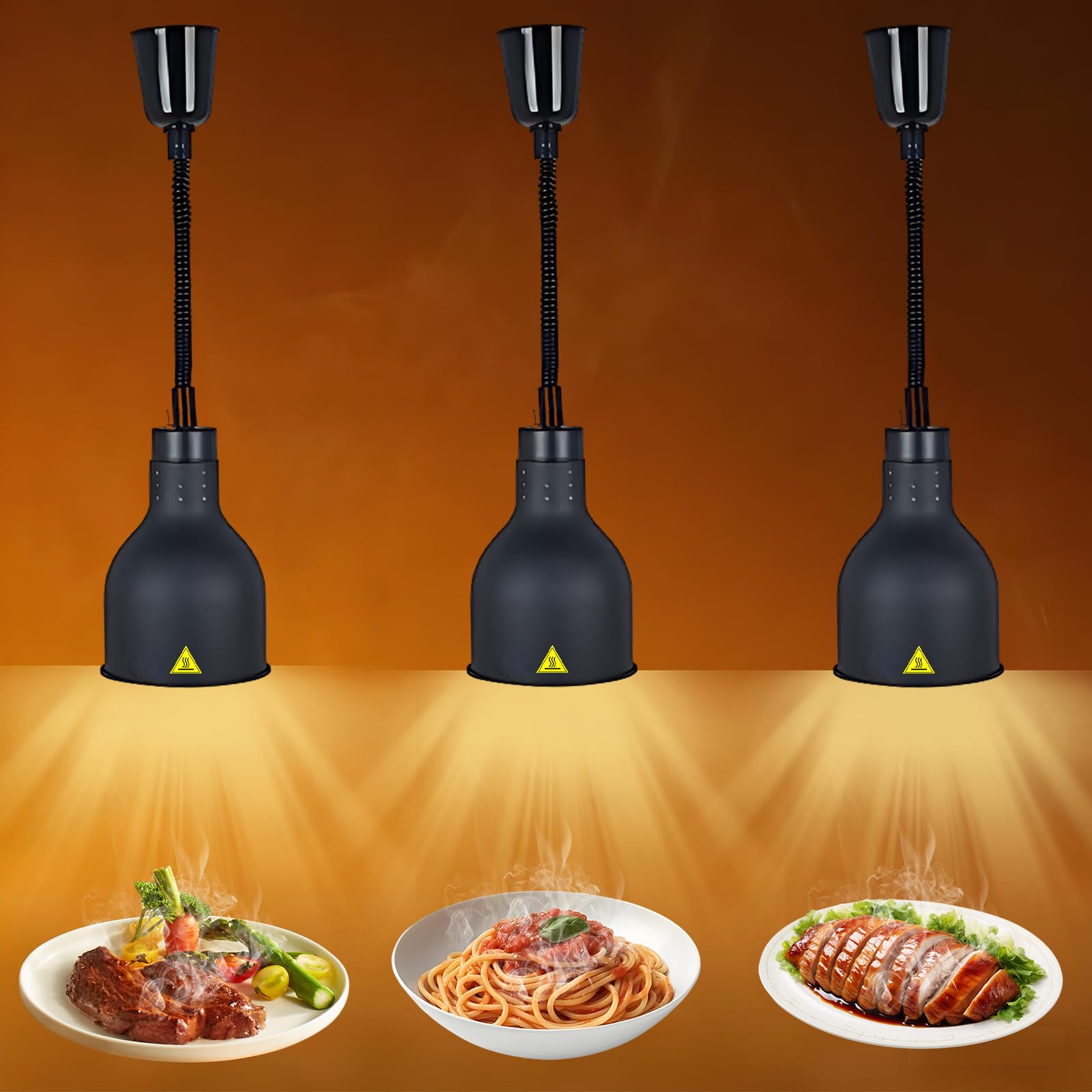 Sospeso Lampade Riscaldanti Cucina Regolabile(D-19cm,3 Pezzi) | 19 cm/25 cm Diametro Lampada Riscaldante per Alimenti, 250W Lampada Scaldavivande Ristorante, Cucina, Hotel