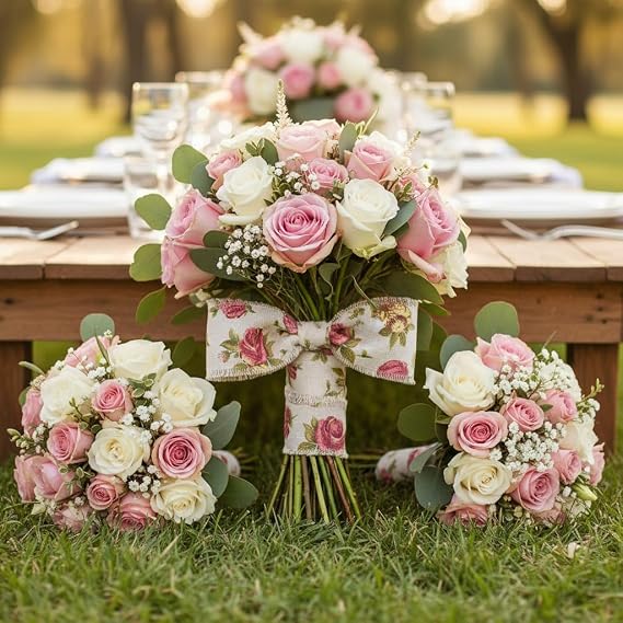 Rose Printed Burlap Ribbon for Flower Bouquet, Fabric Ribbon for Gift Wrapping, Jute Ribbon for DIY Decoration, 32.8ft Long x 2.0in Wide