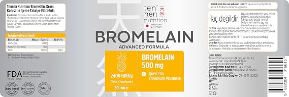Tennen Nutrition Bromelain 500 Mg | 2400 GDU/Gr Yüksek Enzim Aktivitesi | Quercetin ve Krom Pikolinat Gelişmiş Formülasyon