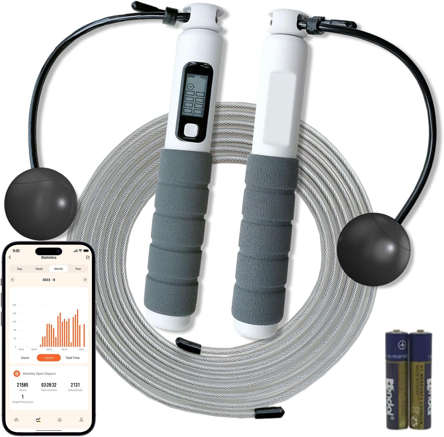 Cordless Jump Rope with APP, Weighted Jump Rope with Counter, Smart Jump Rope for Fitness, Gym, Burn Calorie, Workout for Men Women Kids, HD LCD