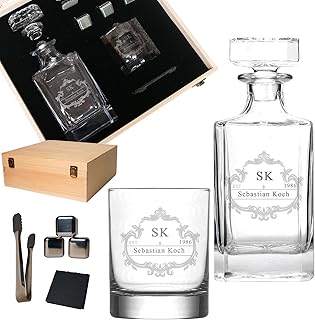 Personalisiertes Whisky Geschenkset mit Namen & Motiv graviert - 1x 300ml Whiskyglas, 700ml Karaffe, 1x Edelstahleiswürfel- Geschenkidee Männer, Vatertag, Weihnachten - Geschenkset 1, Motiv 1