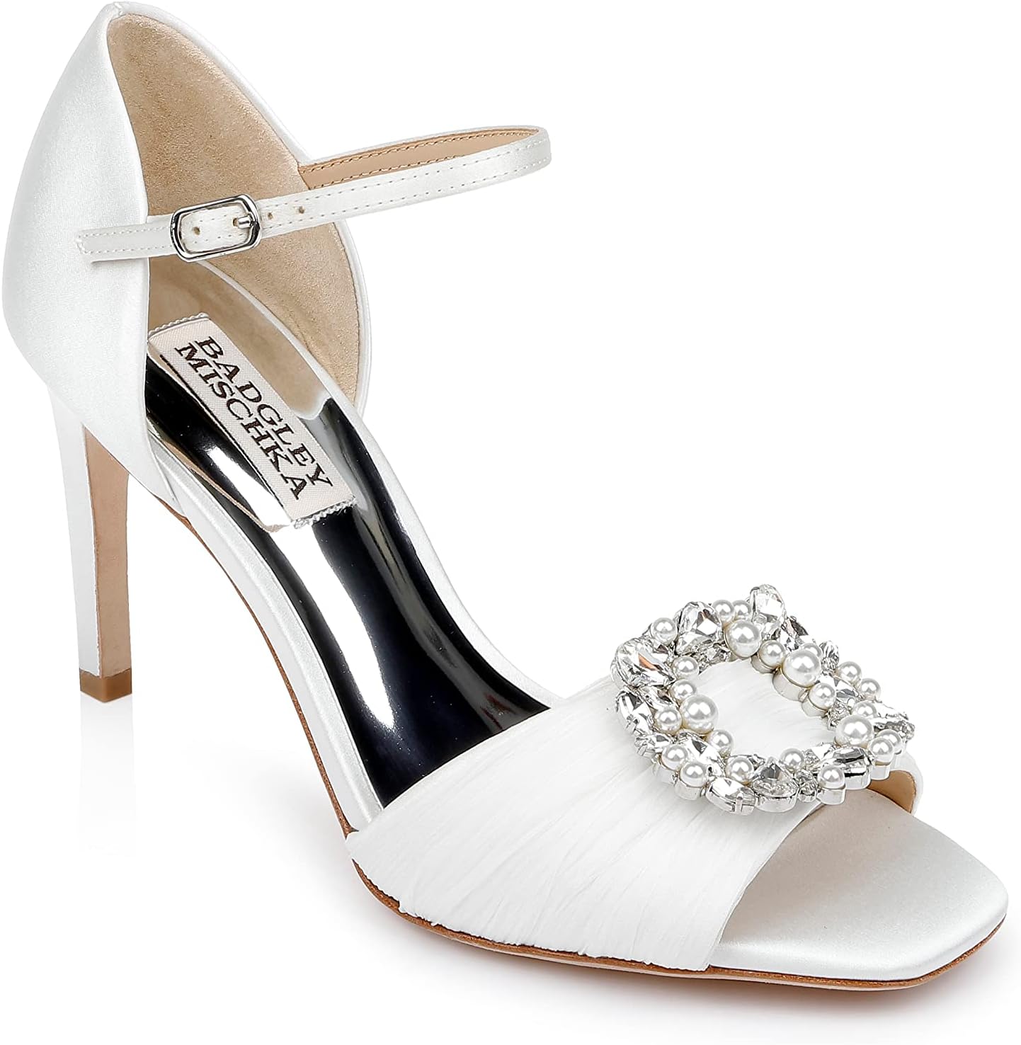 Badgley Mischka Women's NINA Heeled Sandal, White Satin, 9