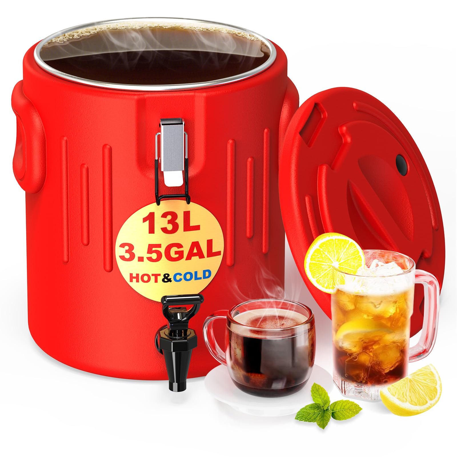 Insulated Beverage Dispenser 3.5 Gallon- Ice and Hot Drink Dispenser with 304 Stainless Steel Interior and Spout, Portable Hot Water Dispenser, Outdoors Cooler Jug for Camping Party Sports, New