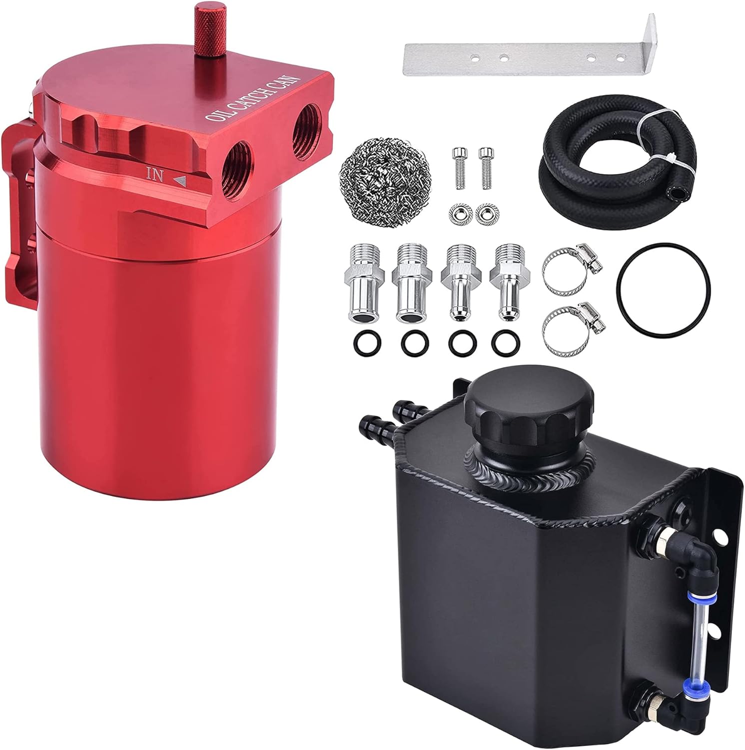 EVIL ENERGY Baffled Oil Catch Can 300ML Red Bundle with 1L Overflow Tank Black