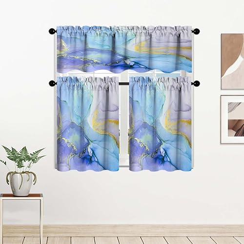 ULQUISNCE Marble Blue Kitchen Curtain Valance and Tiers, 3Pcs Abstract Marble Ar