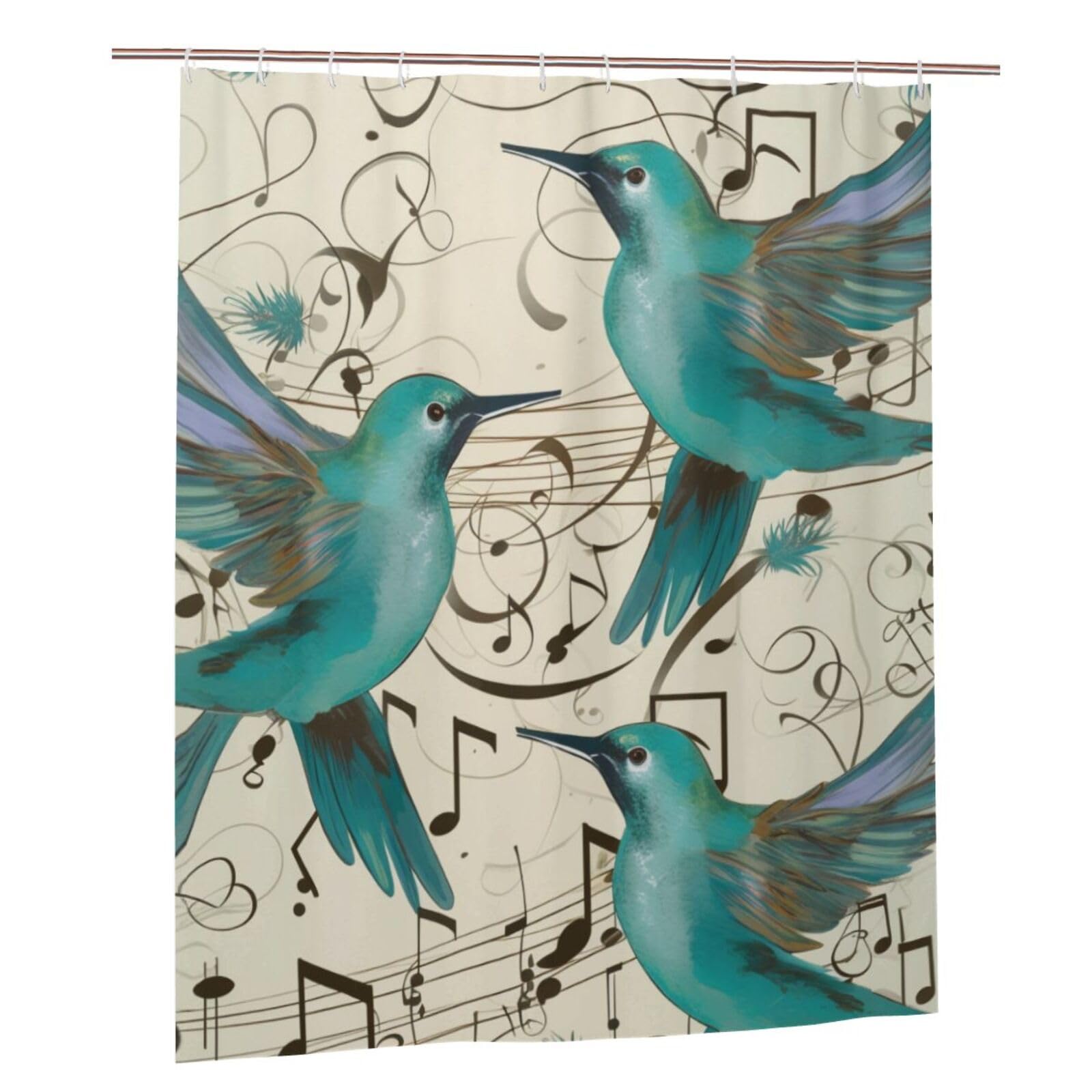 BWWHCCTI Teal Birds Musical Note Printed Shower Curtain With 12 Plastic Hooks Opaque Quick Drying Waterproof Shower Curtains Sets For Bathroom 152x183 Cm