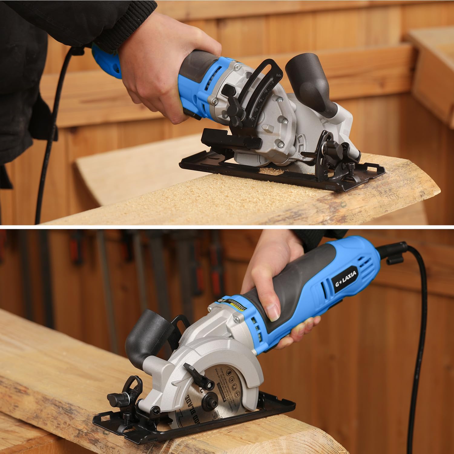 Mini Circular Saw, 6Amp 5200RPM Corded Circular Saw, Rip Guide, Compact Saw with 2Pcs Blades(24T Wood Blade and 60T Metal Blade)- Blue