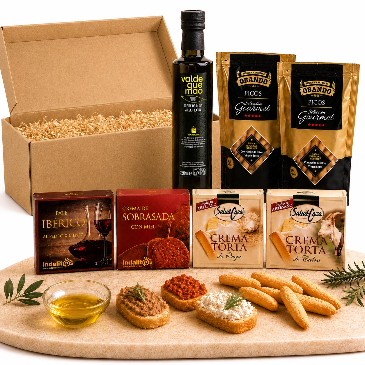 Panier gourmand a offrir, panier garni a offrir ACROL - Huile d'olive vierge extra 250ml, Pates iberiques, Fromages et picos artisanaux - Coffrets cadeaux gourmets · Cadeau Remerciement Maitresse