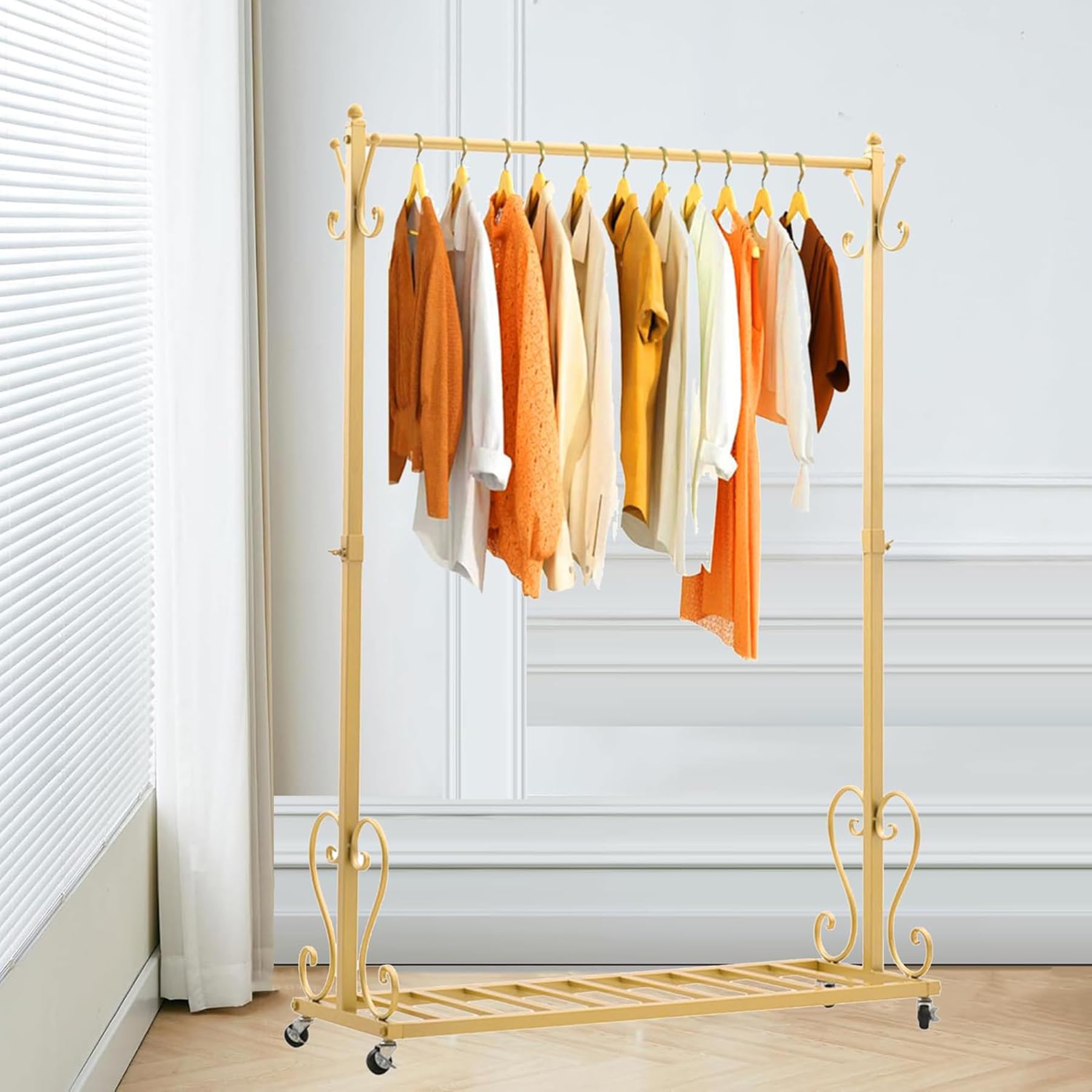 Kleiderständer aus Metall mit Rädern, freistehender Garderobenständer, Wäscheständer für den Innenbereich, multifunktionaler Kleiderbügel für Schlafzimmer, Eingang, Gold (Gold/120×180CM)