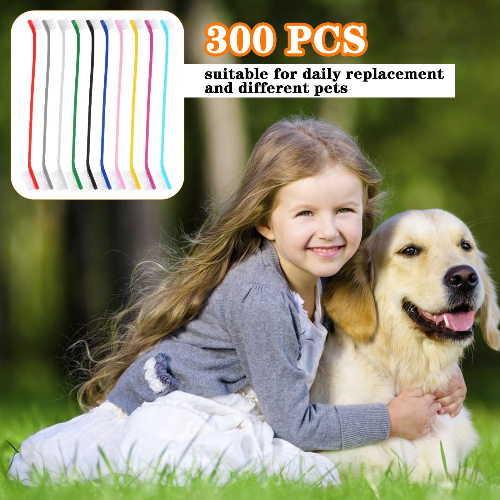 300 cepillos de dientes de perro a granel de doble cabeza de mango largo cepillo de dientes de plástico para perros grandes y pequeños, gatos, cachorros, limpieza de dientes dentales