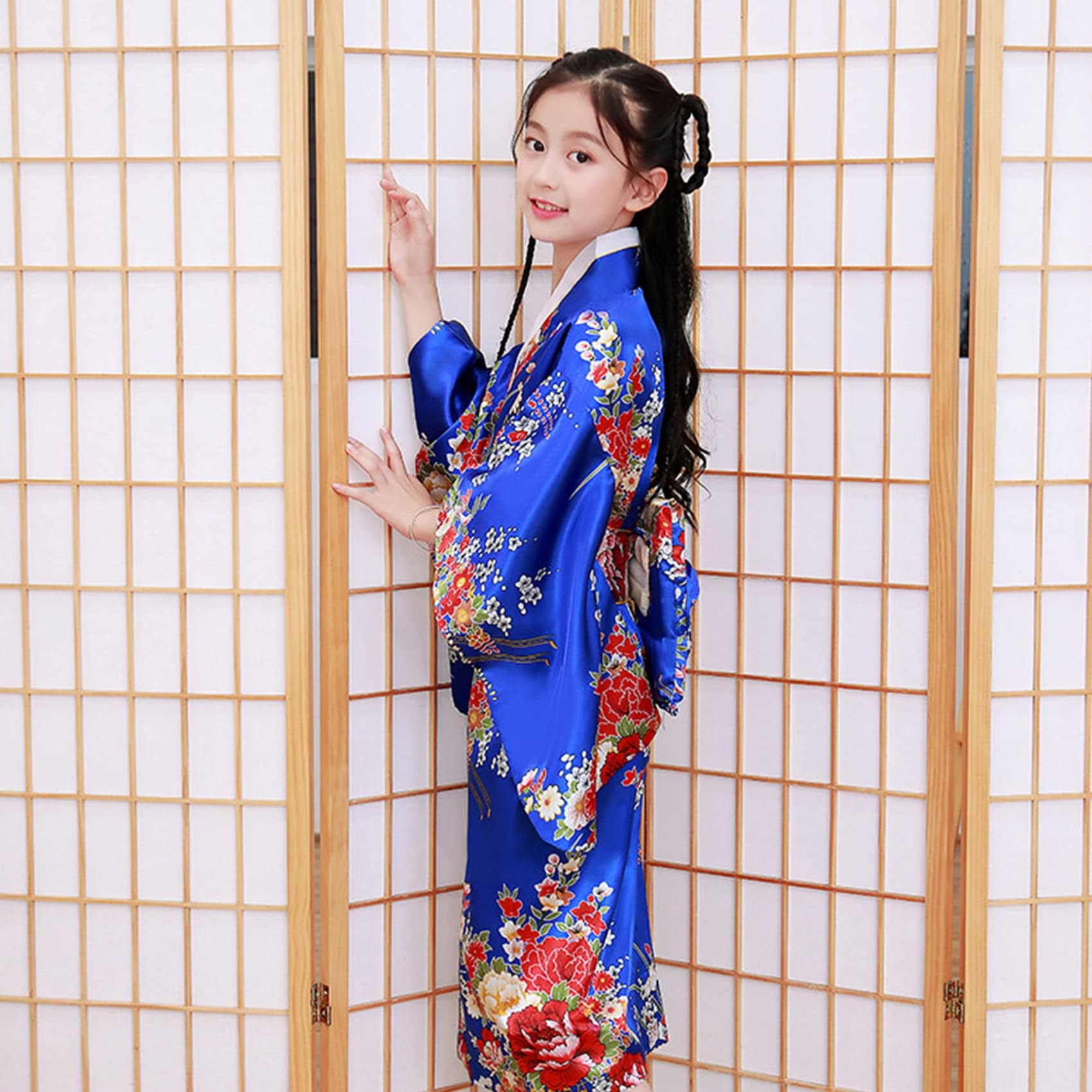 Kimono Japonais pour Filles,Robe Yukata Japonaise,Robe Kimono Satin pour les Enfants,Robe de Soirée de Jeu de Rôle Anime pour les Filles avec Eventail Pliant et Chaussettes Tabi