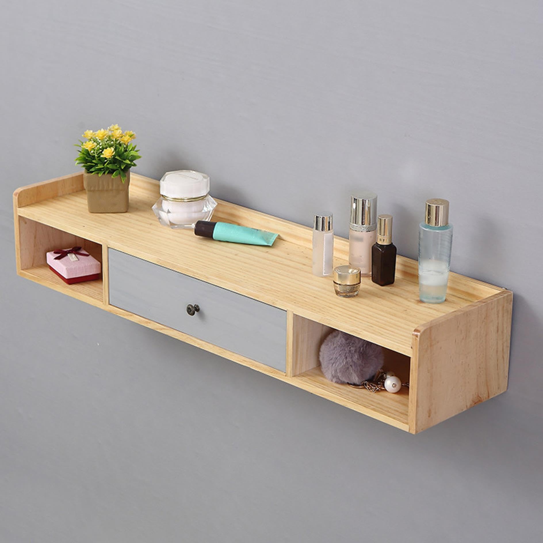 Tocador Flotante de Pared, Mesa de Maquillaje con Cajón y Repisas, Madera