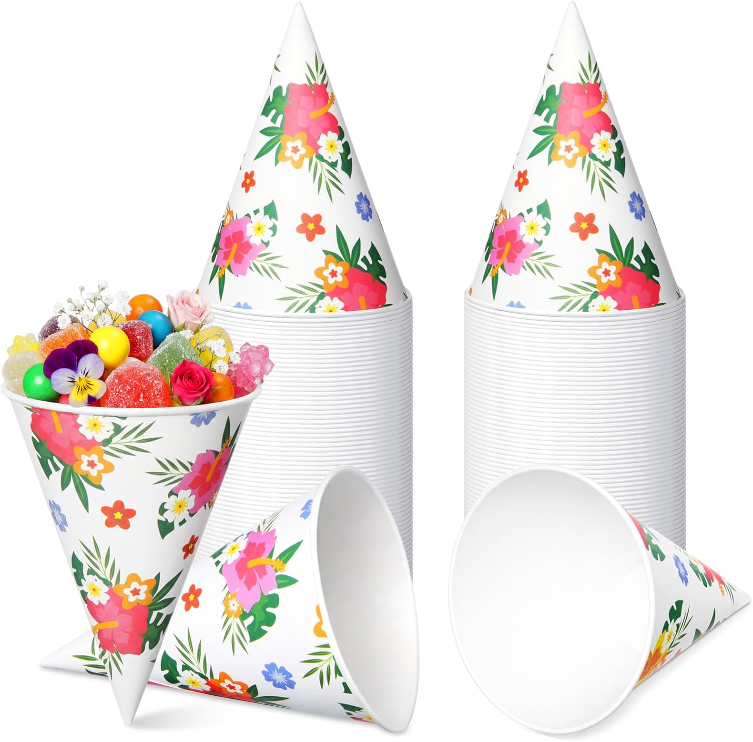 Honeydak 50 Pcs 6 oz Hawaiian Snow Cone Cups Hibiscus Paper Cone Cups Hibiscus Disposable Paper Shaved Cup for Summer Tropical Hawaiian Luau Party Supplies