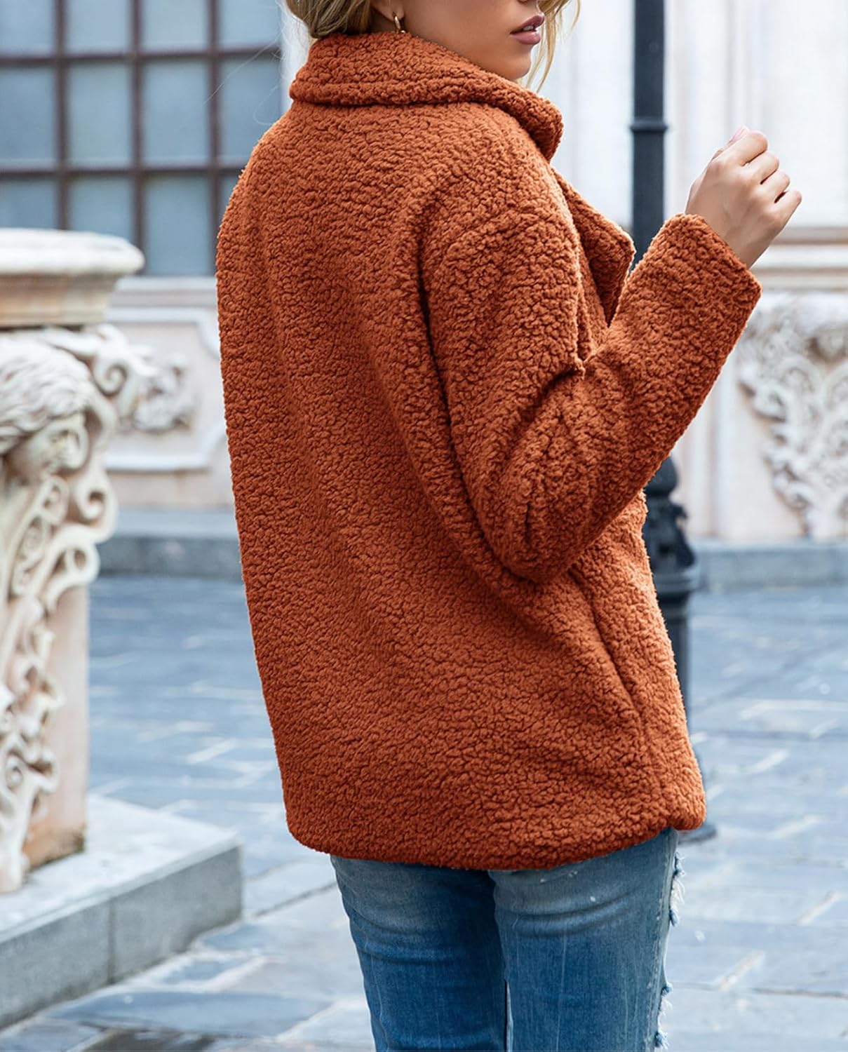 Women's Winter Warm Plush Cardigan Fuzzy Fleece Lapel Jacket with Buttons Pockets Long Sleeve Casual Outerwear - Image 6