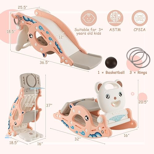 Miniatura 2 de Costzon Juguete mecedor 4 en 1 para niños pequeños, tobogán para niños con aro de baloncesto y juego de anillo, caballo mecedor, tobogán plegable