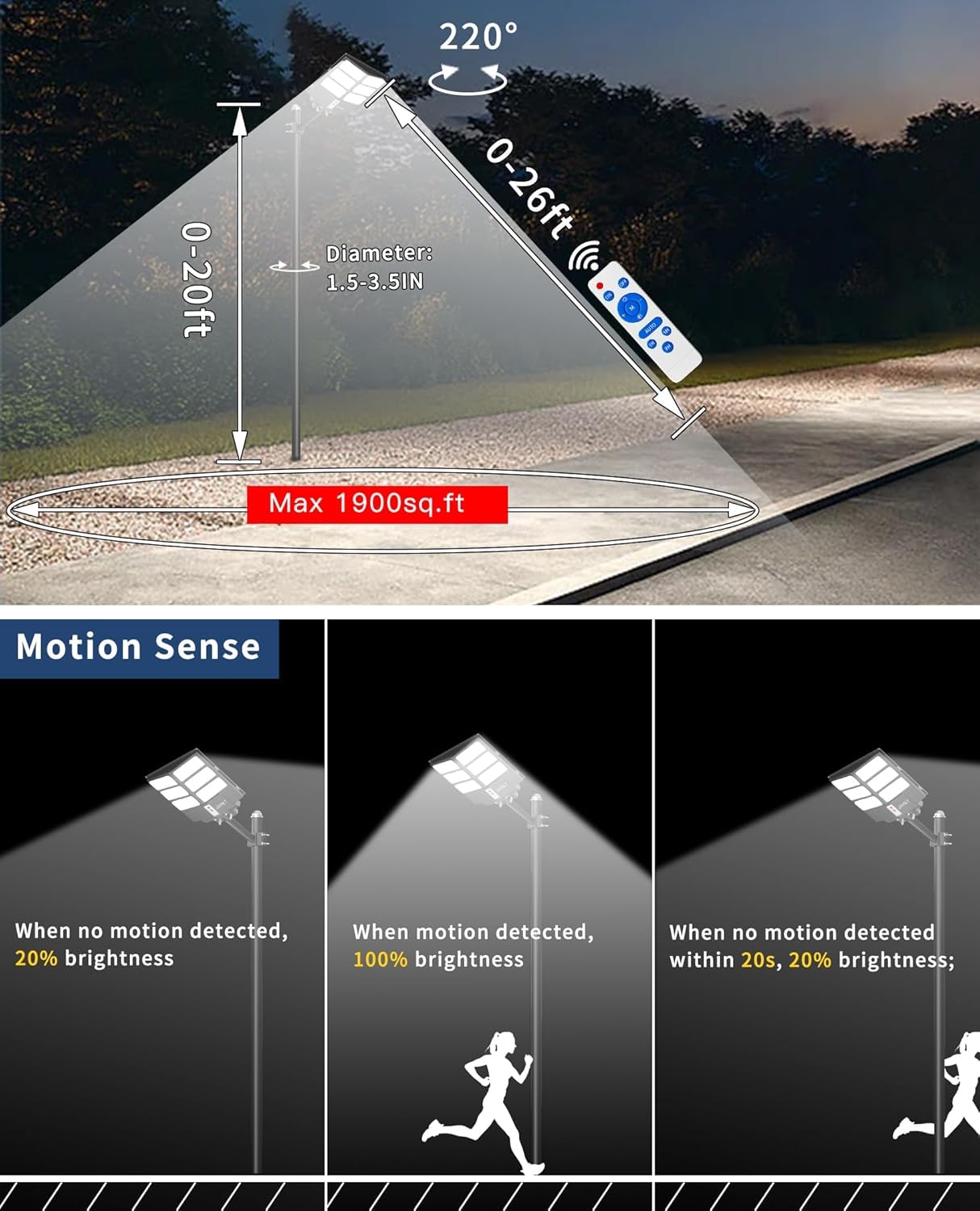 JAYNLT 1000W Lampione Solare Led Esterno, 6500K Faro Stradale con Pannello Solari, IP67 Impermeabile Luci Solari di Sicurezza, Lampioni Stradale con Sensore Movimento per Sentieri, Vialetti, Giardino