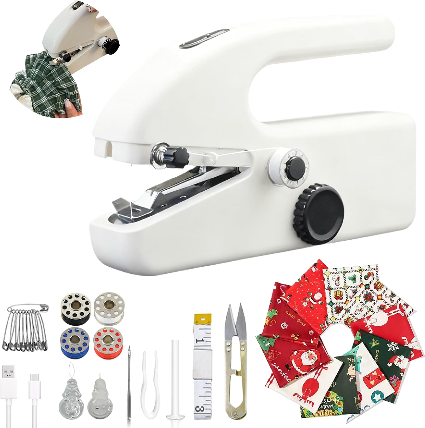 Handheld Sewing Machine,with 8 Christmas Fabric Pieces and 21 Sewing Accessories,Mini Sewing Machine for Beginners,Perfect Sewing Tools for Christmas DIY Gifts Decoration and Clothing Repairs