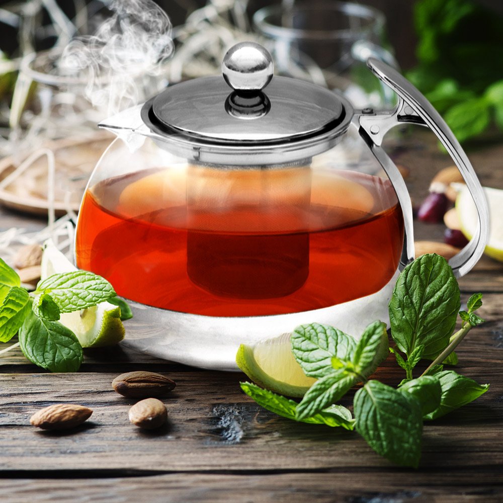 MONZANA® Teekanne mit Siebeinsatz und 4 Gläser 1,2 Liter Hitzebeständig Teesieb Herausnehmbar Glaskanne für losen Tee Edelstahl Deckel Borosilikatglas