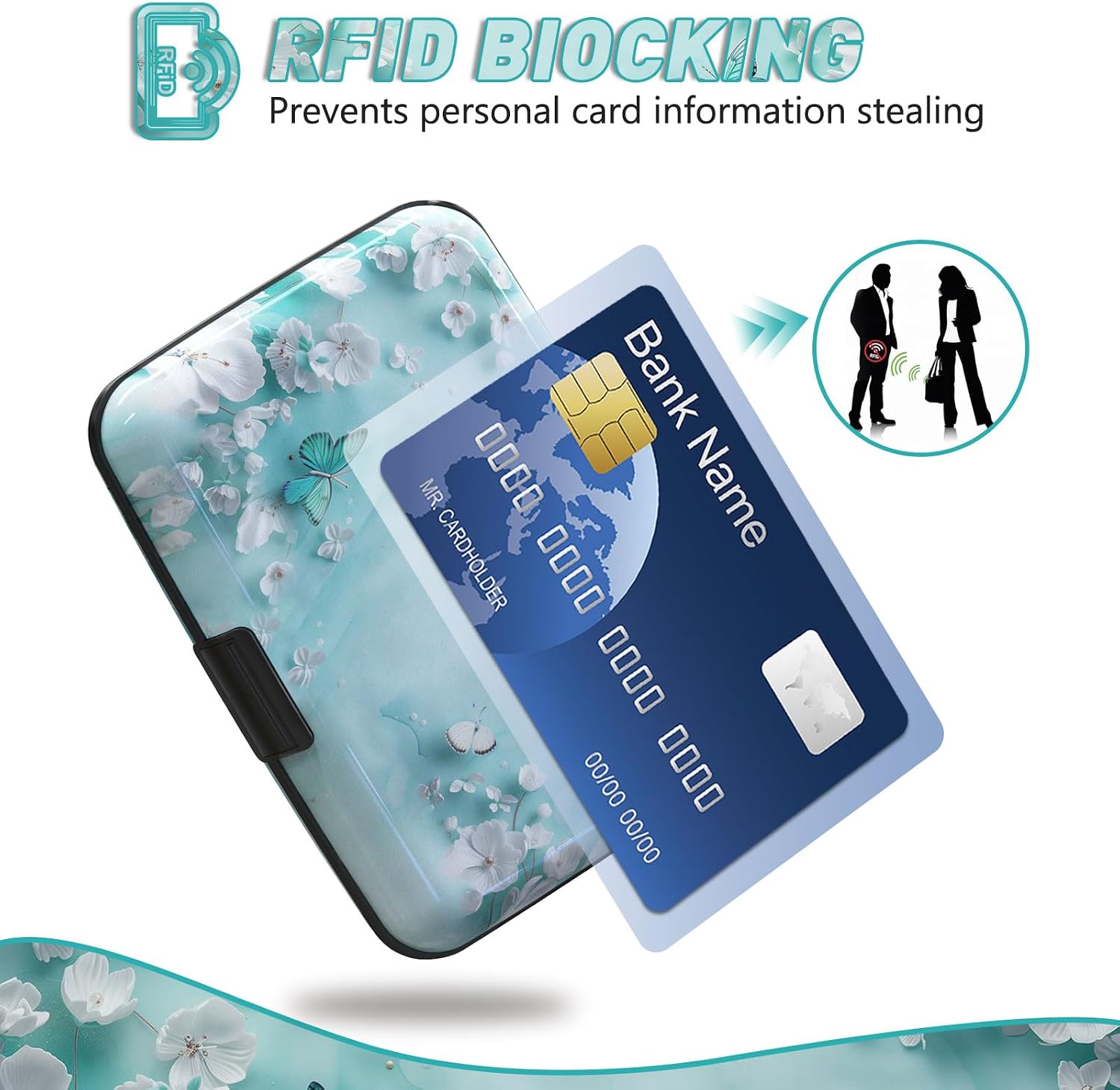 Credit Card Holder, Mini RFID Small Aluminum Card Wallet, Blocking Slim Metal Business Card Case, RFID Blocking Front Pocket Wallet Hard Case Durable CC Holder for Women Girls, Green Teal Butterfly