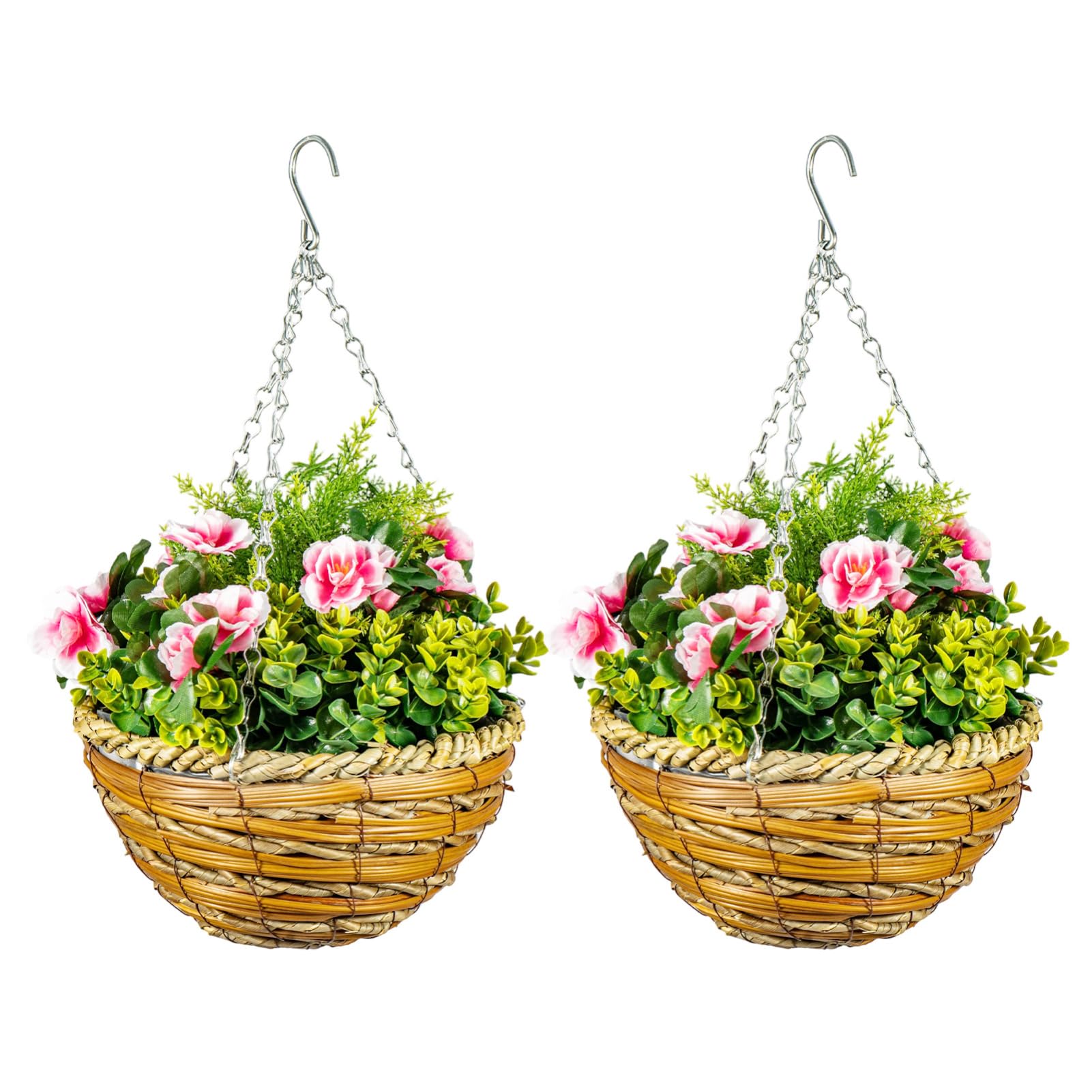 FERNVALE Pack of 2 Hanging Basket Fake Flowers Artificial Flowers Realistic PE Faux Plants with Rattan Basket and Chain Artificial Faux Flowers for Outdoor Garden Porch Patio Balcony (Pink)