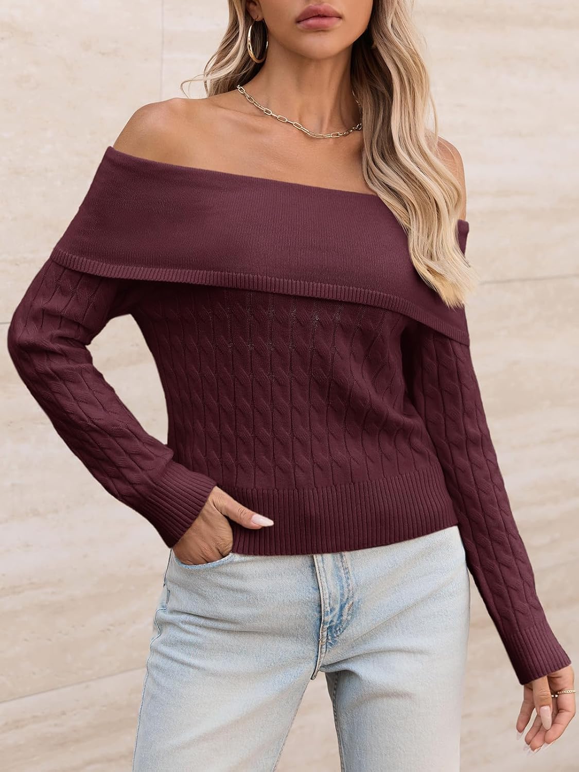 Saodimallsu Womens Off The Shoulder Sweaters Cable Knit Long Sleeve Sexy Fitted Fall Dressy Going Out Pullover Tops - Image 4