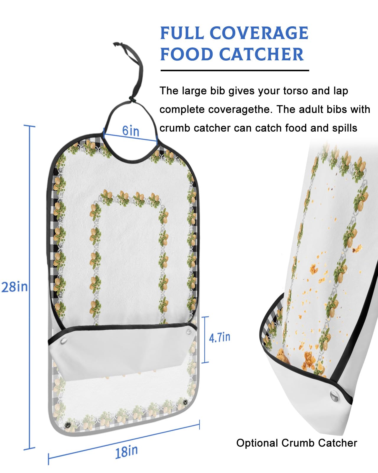 Kewadony Adult Bibs for Elderly Women - Summer Lemon and Leaves Waterproof Dining Clothing Protectors with Crumb Catcher for Eating/Feeding, Farmhouse Black Buffalo Plaid Terry Cloth Bib Washable