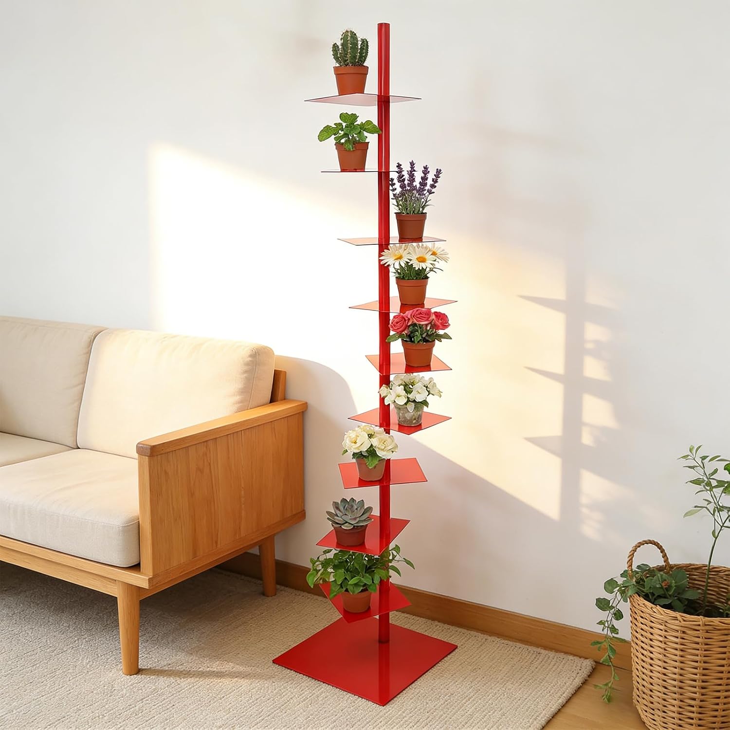 9-Tier Narrow Spine Bookshelf, Modern Bookcase, Adjustable Vertical Bookshelf, Metal Rotating Bookshelf Tower for Home Office Living Room Bedroom (Red)