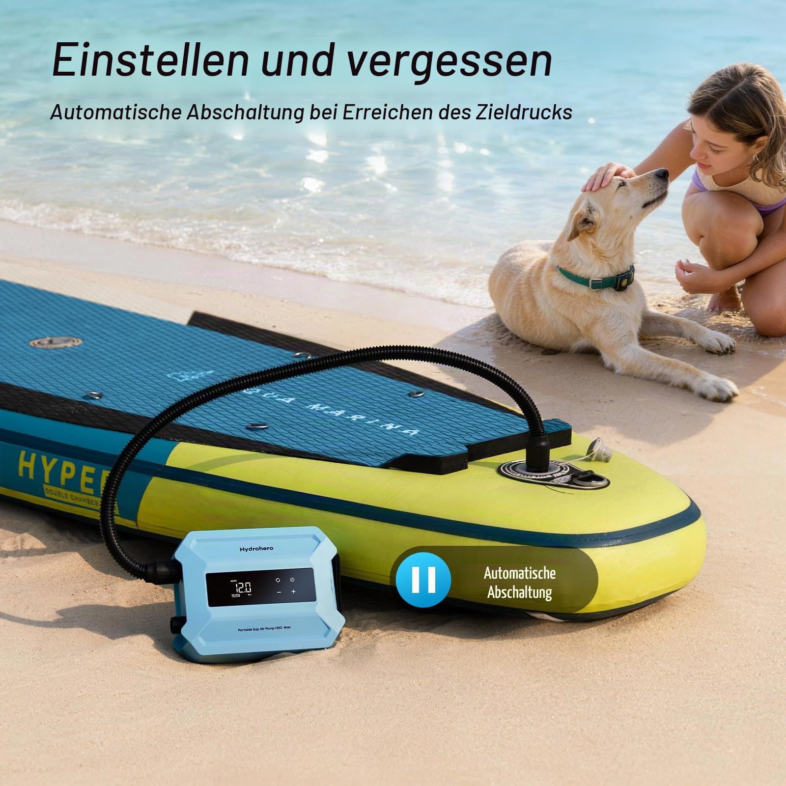 Hydrohero Elektrische SUP Pumpe, 20 PSI SUP Pumpe, 96,2Wh Akku | 4 Min. bis 12 PSI, 1,6 kg Leichtgewicht, 96,2Wh Akku, 2-stufig Aufpumpen & Entleeren, 7 Düsen, Aufbewahrungstasche, für SUPs
