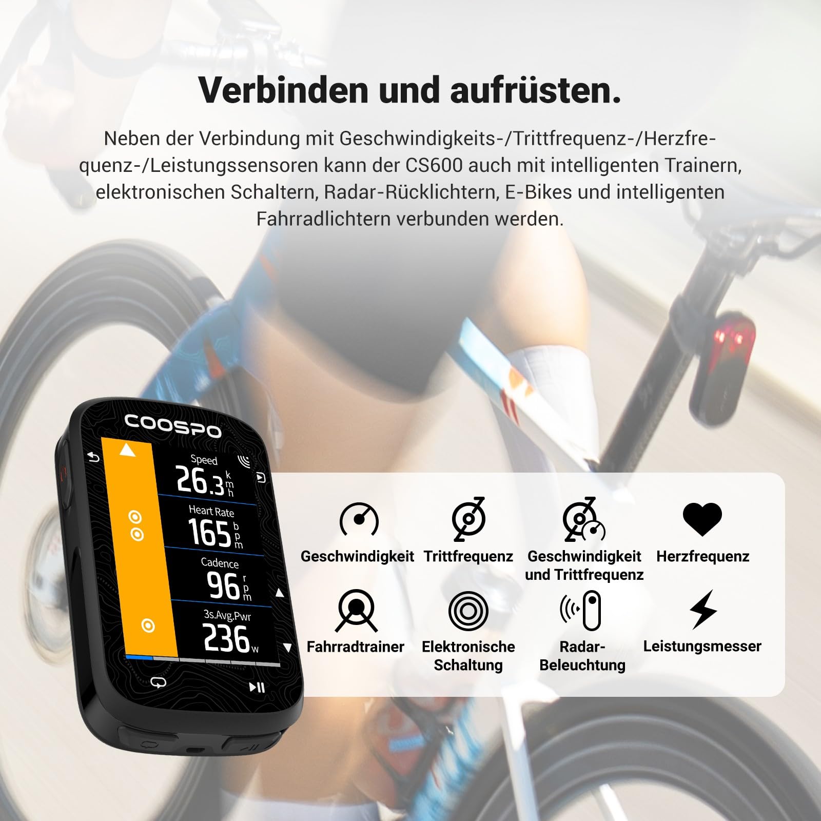 COOSPO Farbtouchscreen GPS Fahrradcomputer CS600, Wireless IPX7 Wasserfestes Fahrrad-GPS-Tachometer mit Bluetooth/ANT+, Hintergrundbeleuchtung & Routennavigation, unterstützt Fahrradradar & 36H