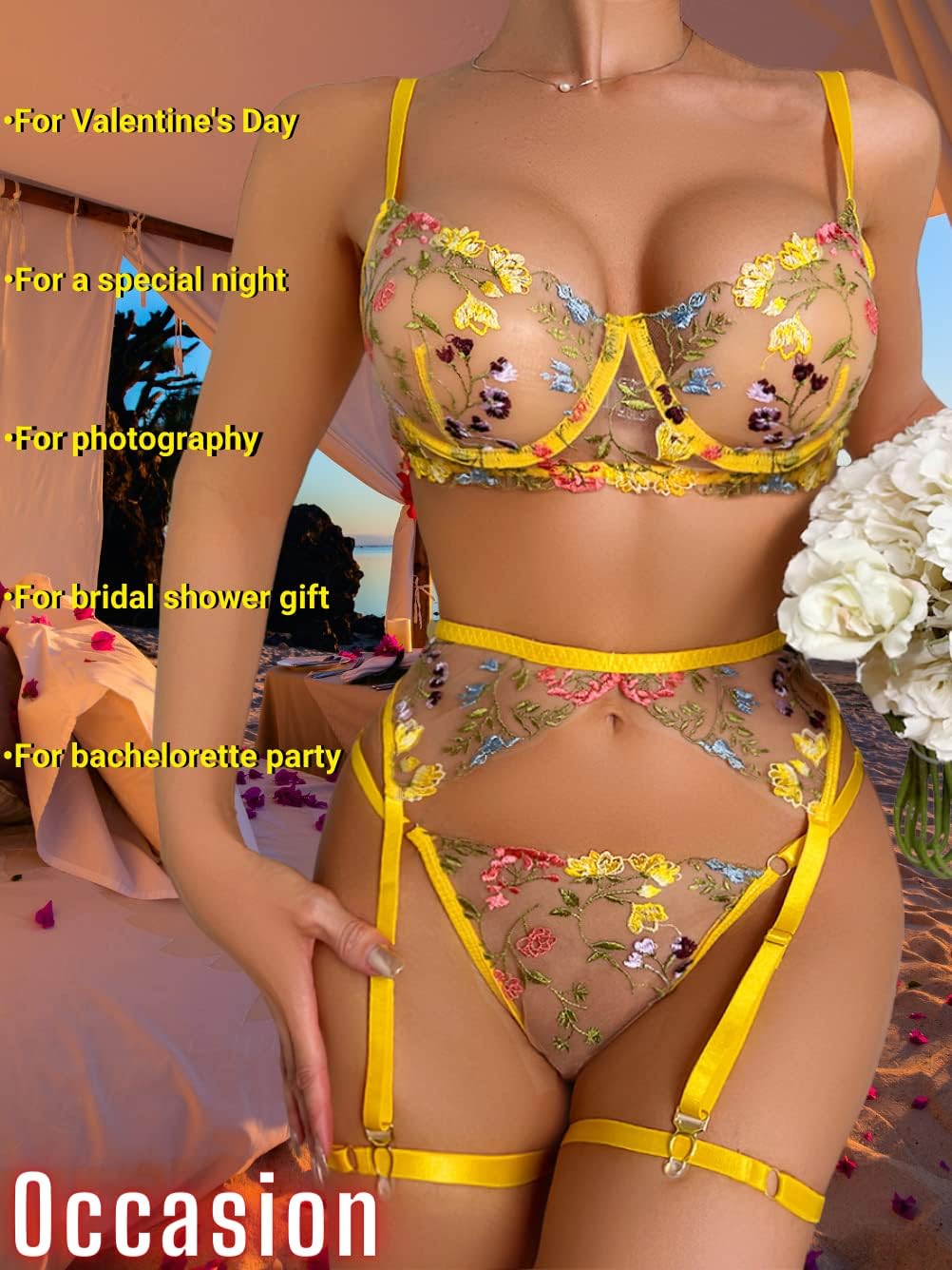 Kaei&Shi Vibrant Floral Embroidery, Underwire, Thong, Thigh Straps, Lingerie Set