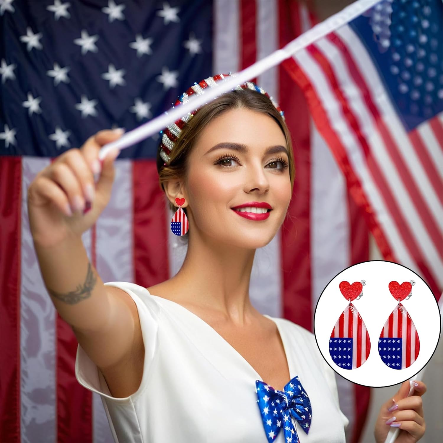 American Flag Clip on Earrings, Patriotic Red White Blue USA Earring, 4th of July Drop Dangle Earrings Independence Day Jewelry for Women - Image 4