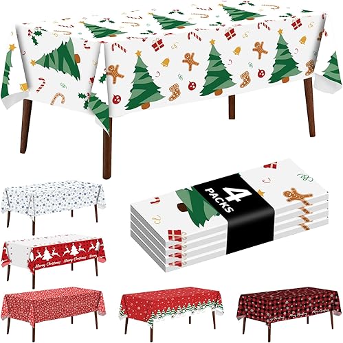 JHDZDHY Paquete de 4 manteles desechables de plástico para árbol de Navidad, suministros de decoración de fiestas de Navidad, 54 x 108 pulgadas