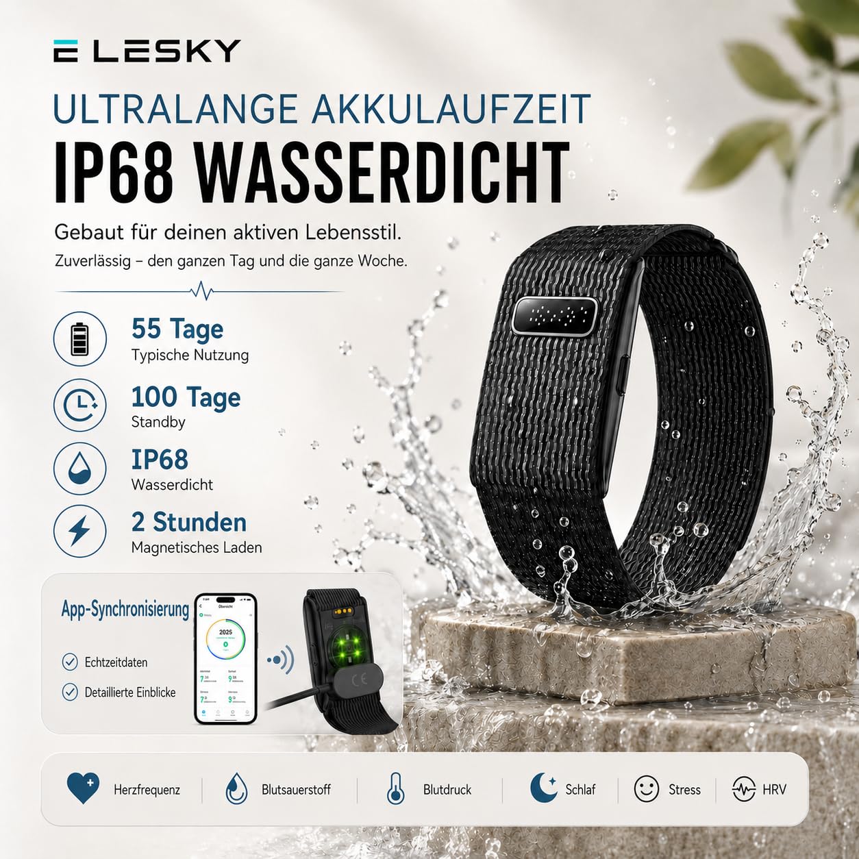 Fitness Tracker Armband, Herzfrequenz, Schlaftracker, IP68 | 176 Sportmodi, SpO2, HRV & Stressüberwachung, Schlaftracking, magnetisches Laden, kompatibel mit Android und iOS.