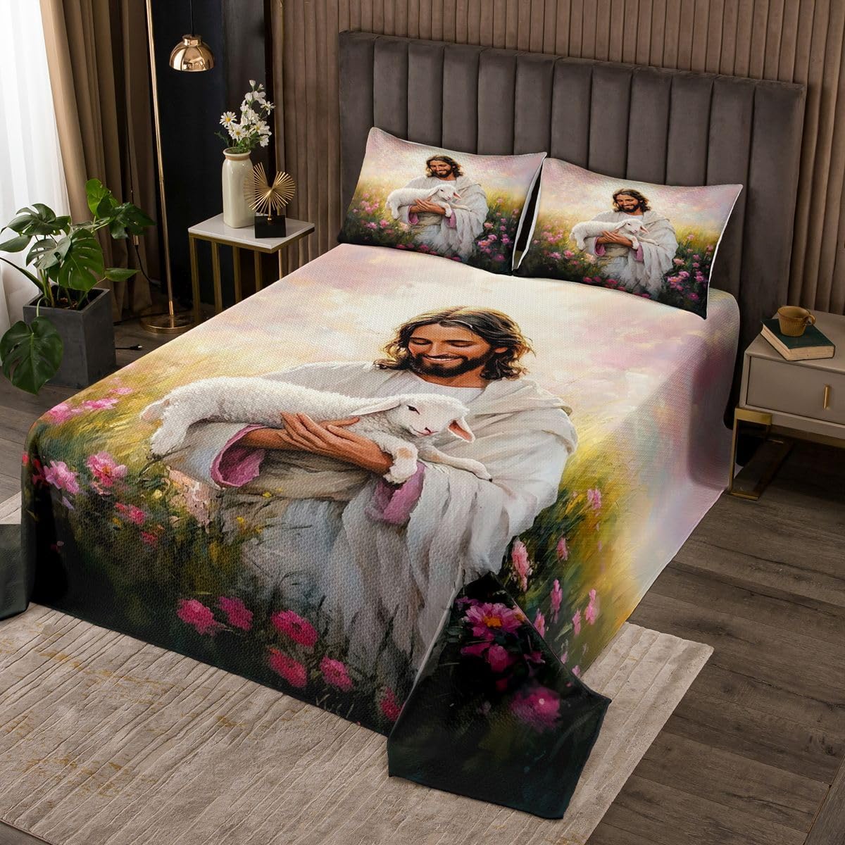 Castle Fairy God and Girl Kids Bedspread Twin Size,Spiritual Bible Verse Coverlet Set,Girls Boys Room Decor,Faith Modern Artwork Quilted Coverlet,Pink White Bedding Quilt,1 Pillowcase