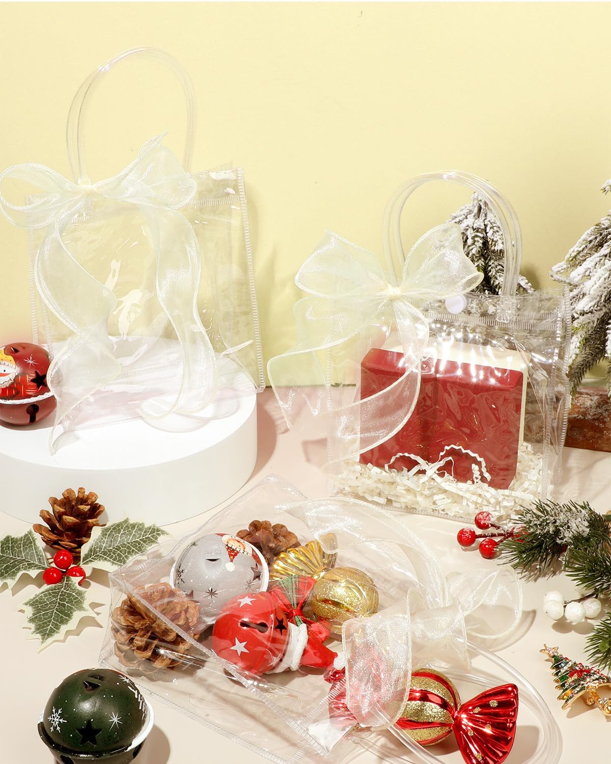 Liobelon 20 Pieces Clear Plastic Gift Bags with Handles Party Favor Bag with 10 Yard Ribbons Roll Reusable Goodie Bags Tote Bag for Wedding, Baby Shower, Birthday Party,6.3 x 5.9 x 2.76 inch,Beige - Image 2