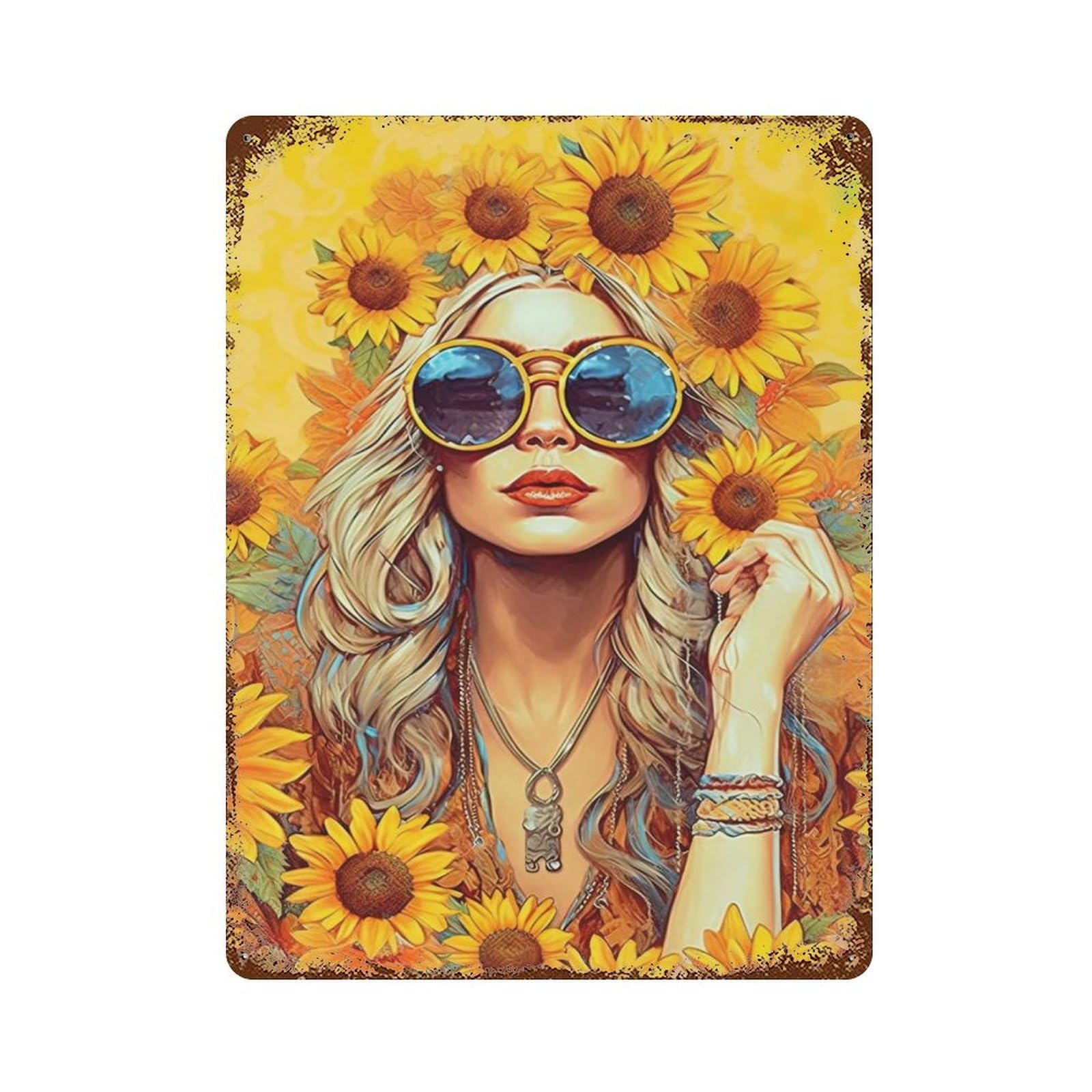 xiaoxiaoshen Hippie Girl And Sunflower Wall Decor Art Metal Tin Poster Modern Home Decor Art Home Bar Shop Decorations Vintage Sign 40x30cm