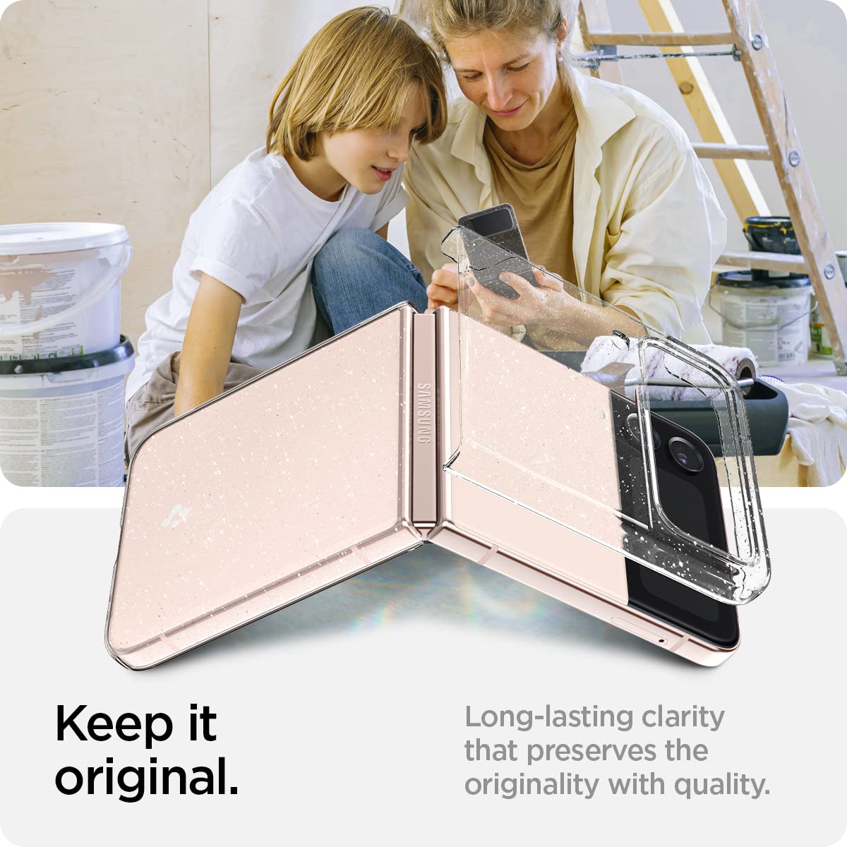Spigen Air Skin Glitter case maintaining its clear appearance