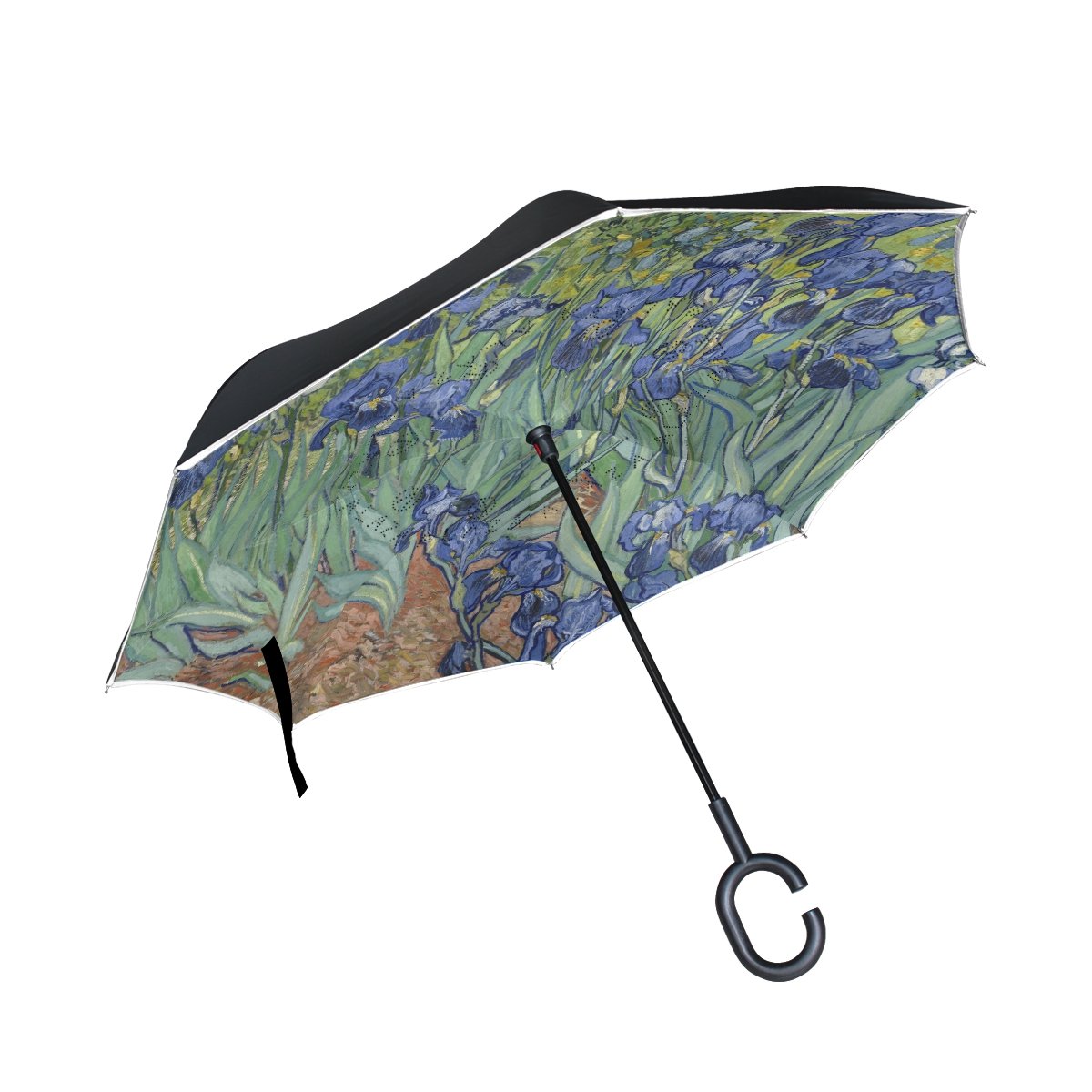 ALAZAVincent Van Gogh Irises Flower Windproof UV Proof Reverse Folding Umbrella, Double Layer Travel Inverted Umbrella with C Shape Handle for Car Use