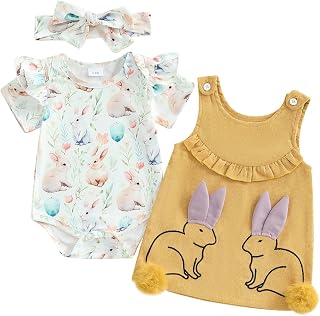Baby Girl Easter Outfit Bunny Egg Ruffle Short Sleeve Romper Overall Dress Tie-up Headband 3 Piece Spring Set