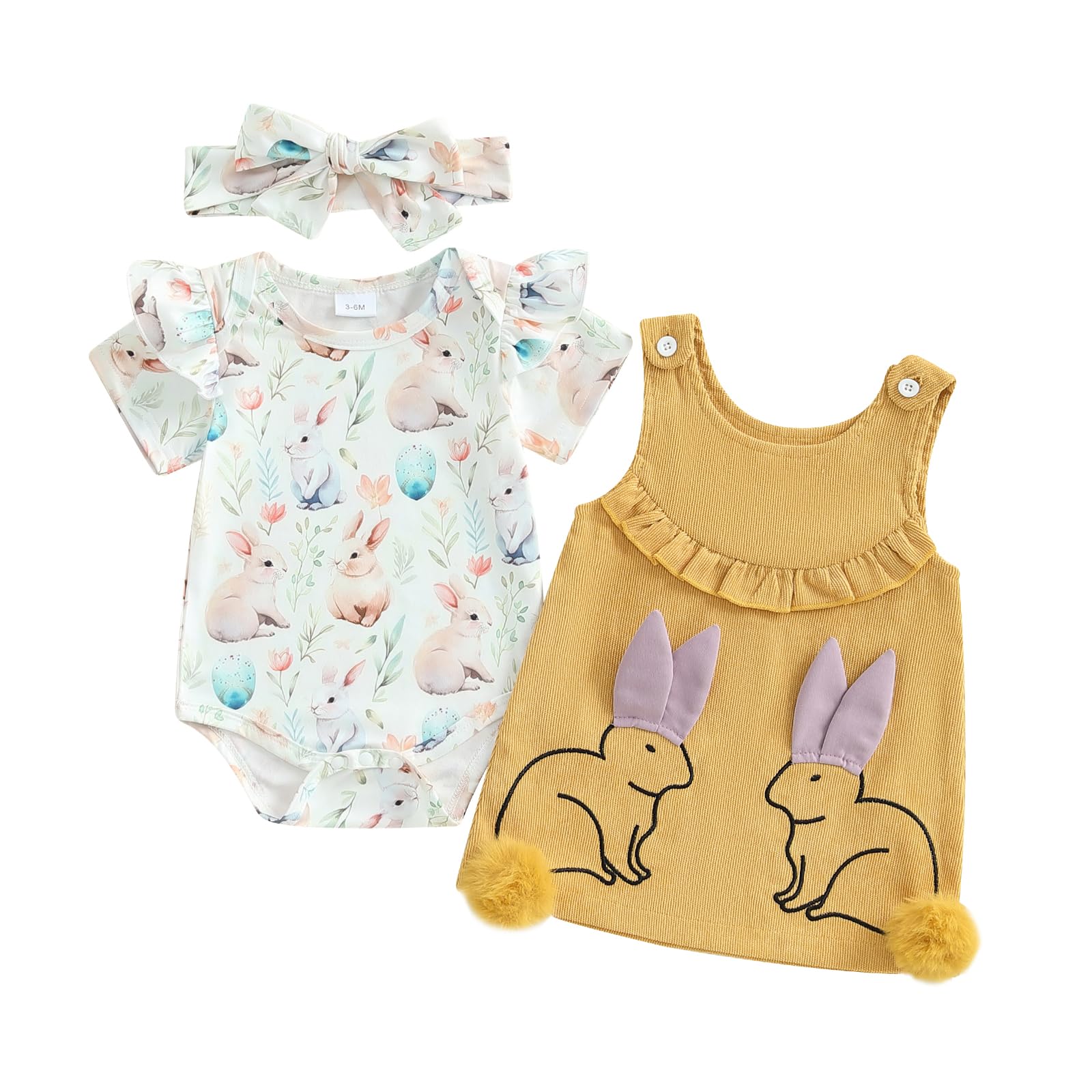 Finegoodwei Baby Girl Easter Outfit Bunny Egg Ruffle Short Sleeve Romper Overall Dress Tie-up Headband 3 Piece Spring Set (Yellow, 0-3 Months)