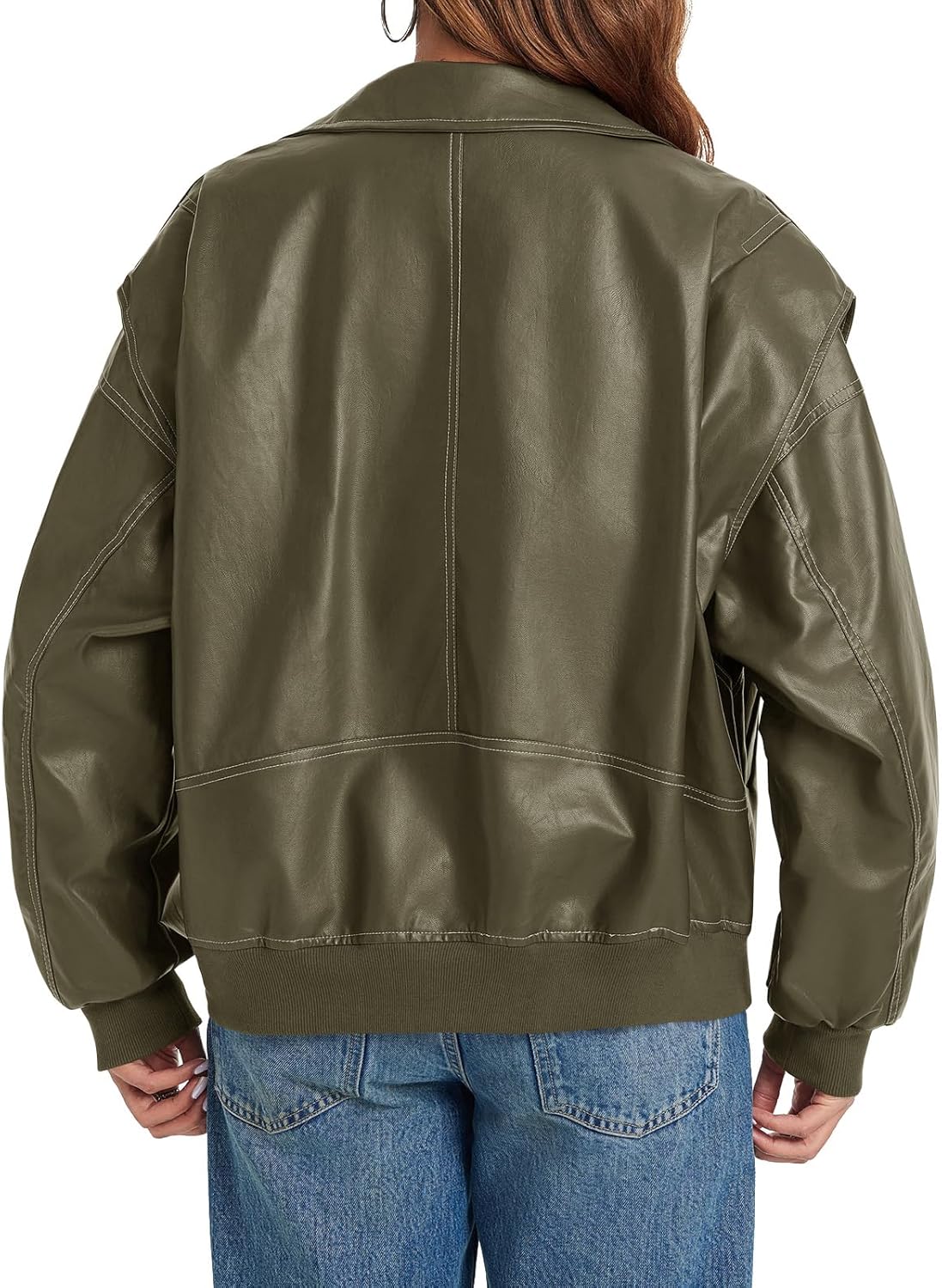 Tankaneo Womens Oversized Leather Bomber Jackets Cap Sleeve Zip Up Motorcycle Coats with Pockets - Image 6