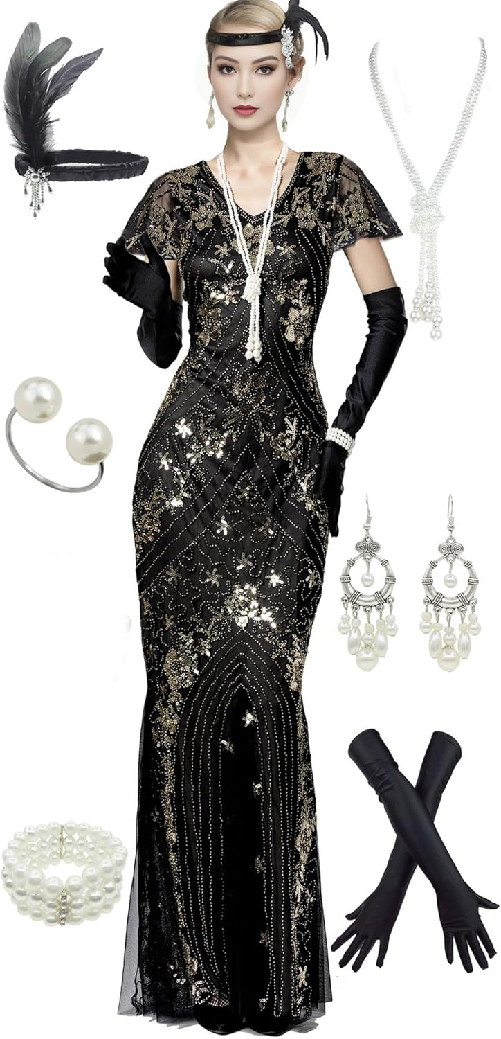 Women Short Sleeve Evening Floral Maxi Long 1920s Dress Sequin Mermaid Costume w/ 20s Gatsby Accessories Set