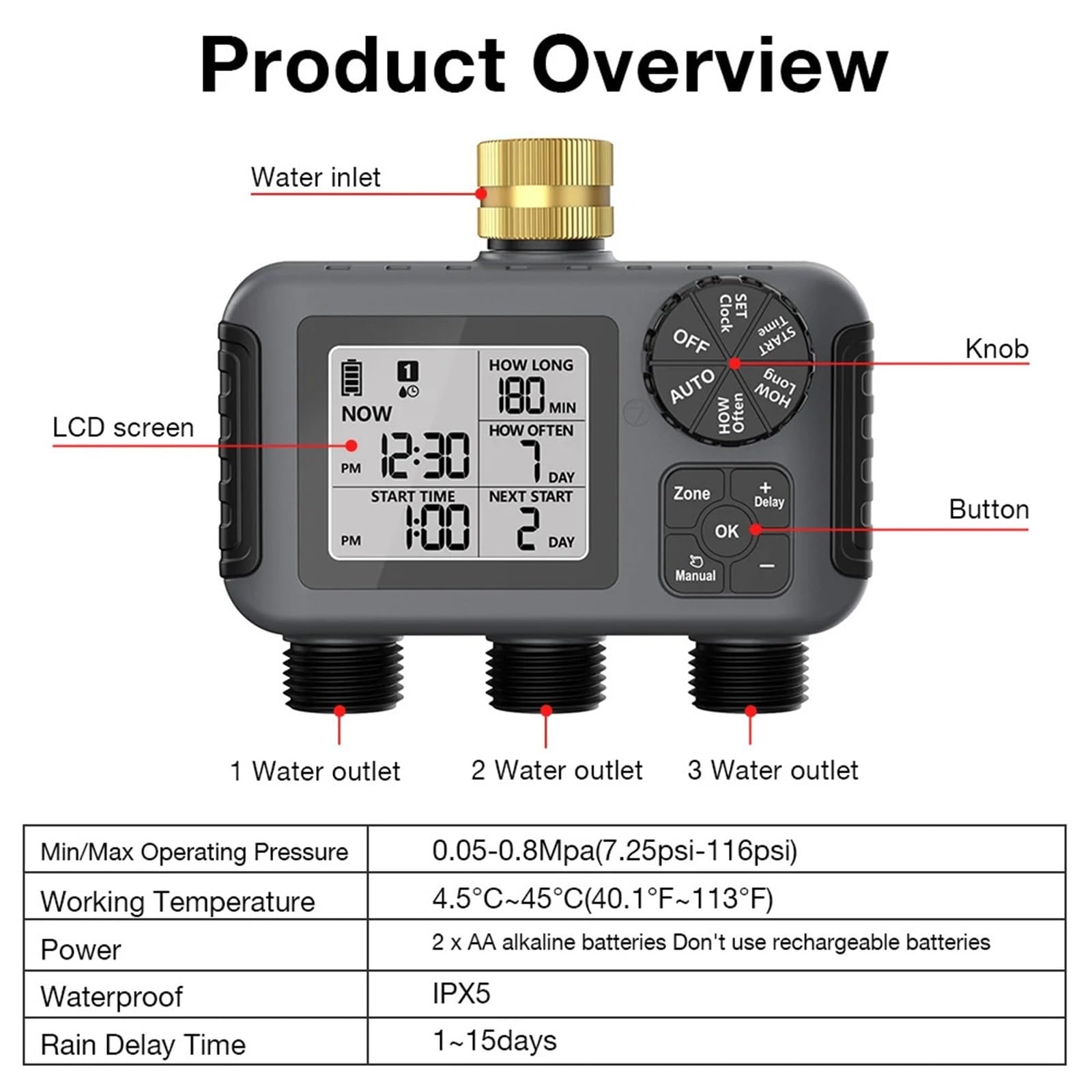 Di irrigazione intelligente for irrigazione a 3 prese Rubinetto in rame Tubo flessibile Cospargere timer automatico for l'acqua IPX5 Timer digitale for acqua a 3 zone