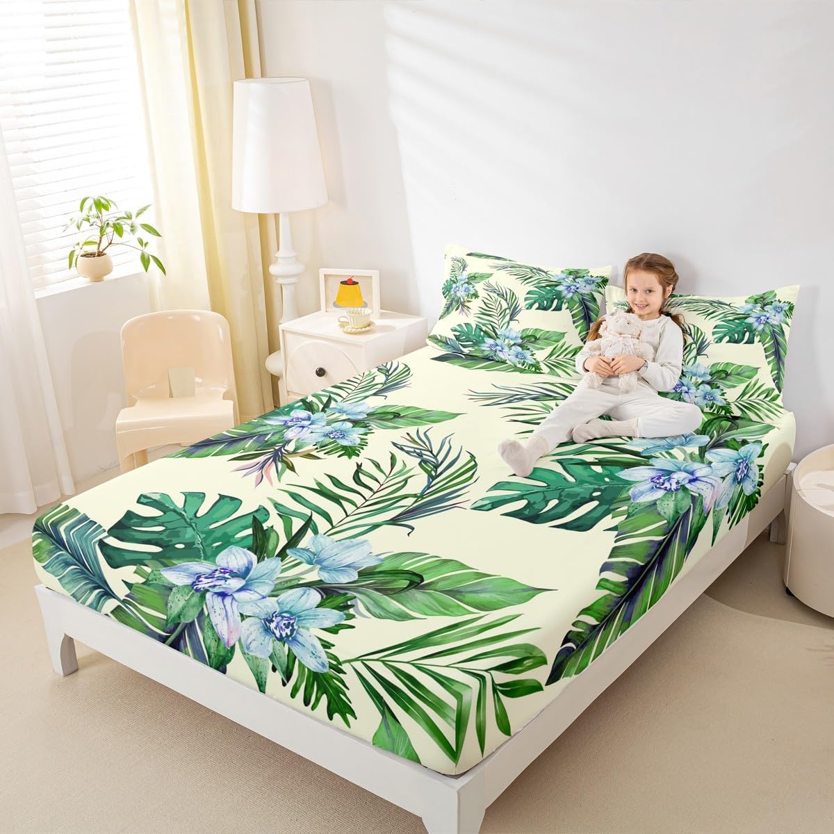 Palm Leaves Fitted Sheet,Full Size Watercolor Flowers Hawaii Themed Collections,Tropical Summer Bedding Deep Pocket for Children Teens Young with 2 Pillowcases(No Flat Sheet)